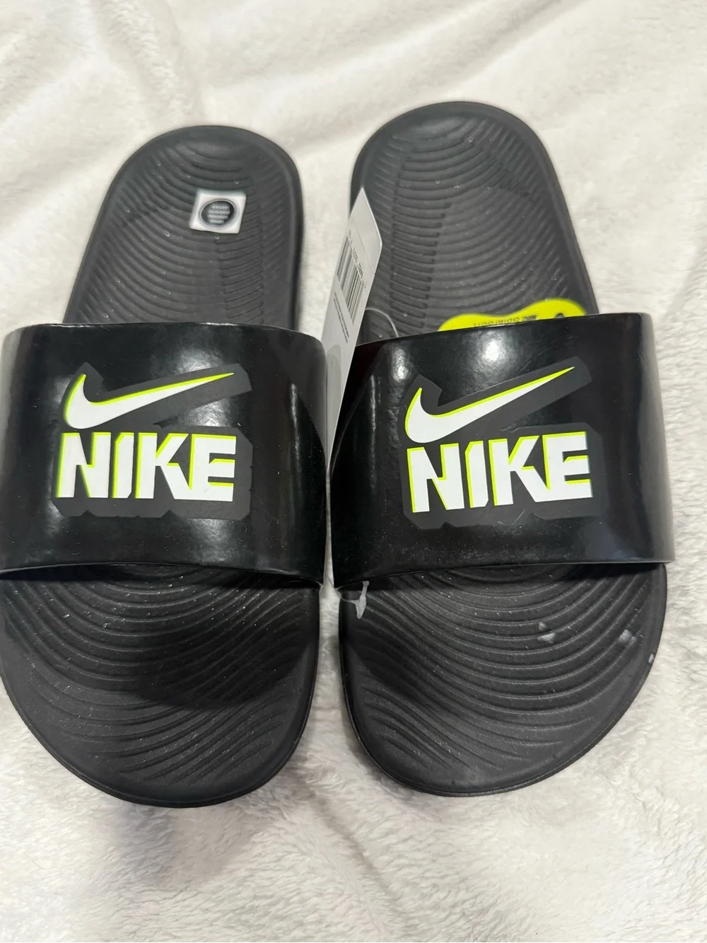 Nike Black Slides with Neon Yellow-Green Logo